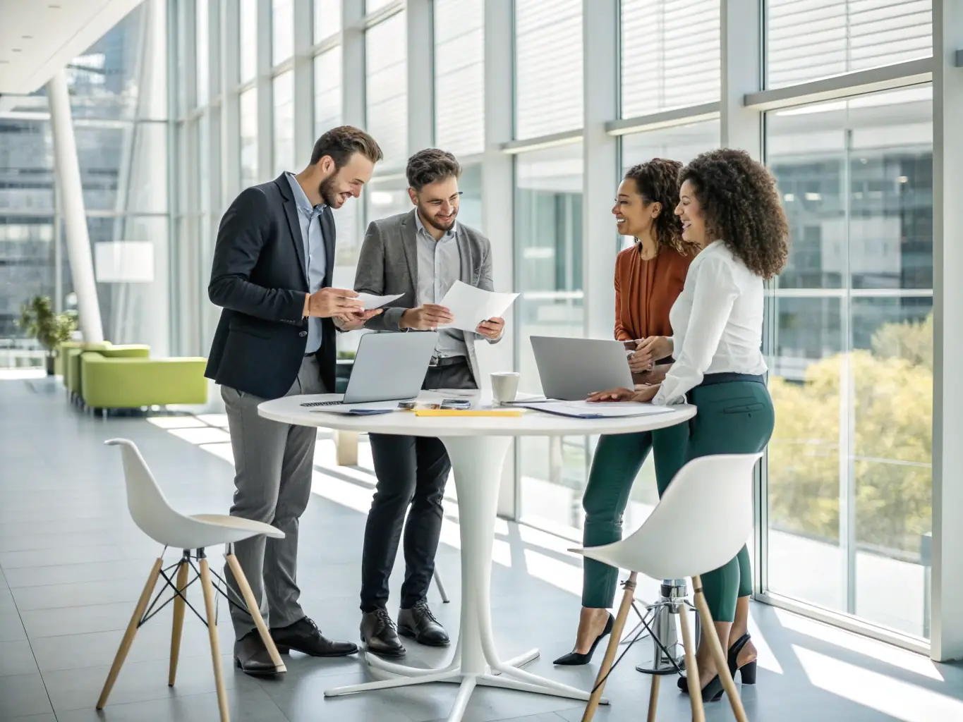 A diverse team of business professionals collaborating on a project in a modern, collaborative workspace, symbolizing teamwork and strategic planning.