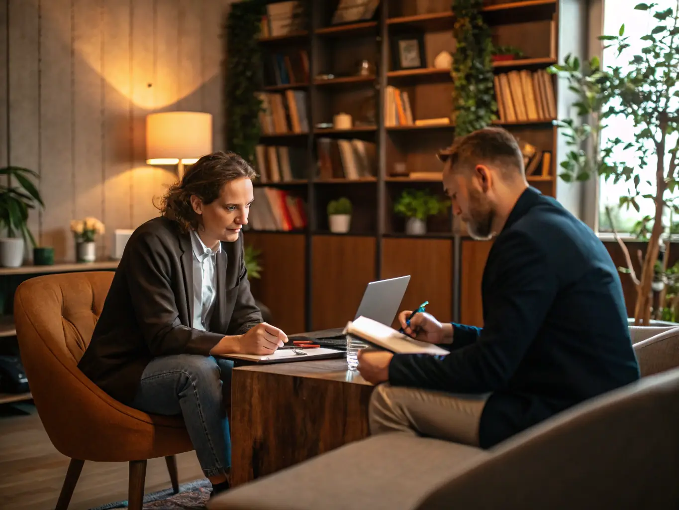 An image of a business coach discussing growth strategies with a small business owner in a modern office setting.