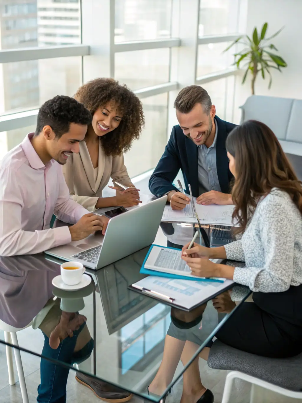 A diverse team of business professionals collaborating around a table, brainstorming and developing innovative business strategies, with laptops and coffee cups scattered around.