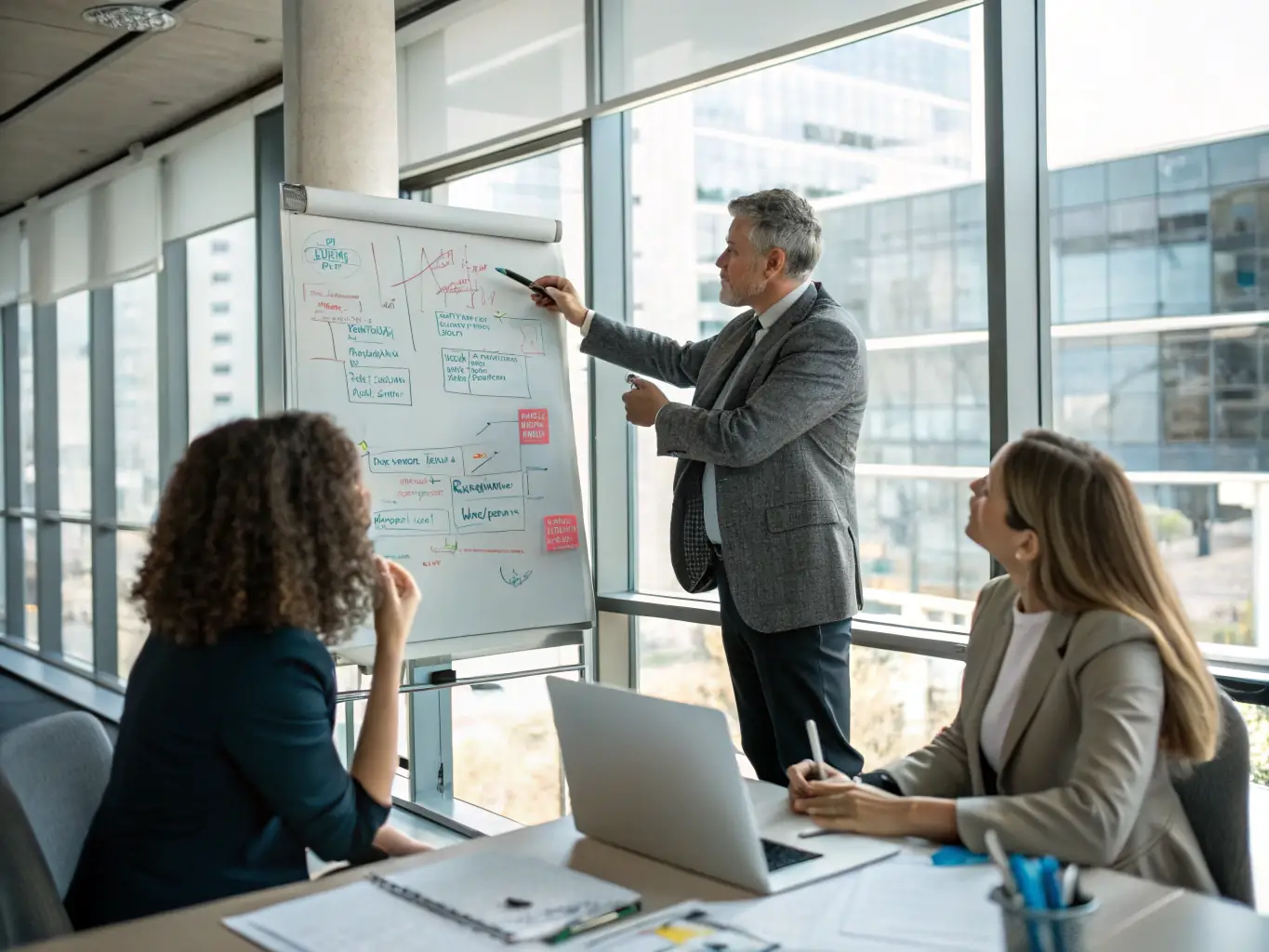 A strategic planning session with a coach presenting a business plan on a whiteboard to a client.