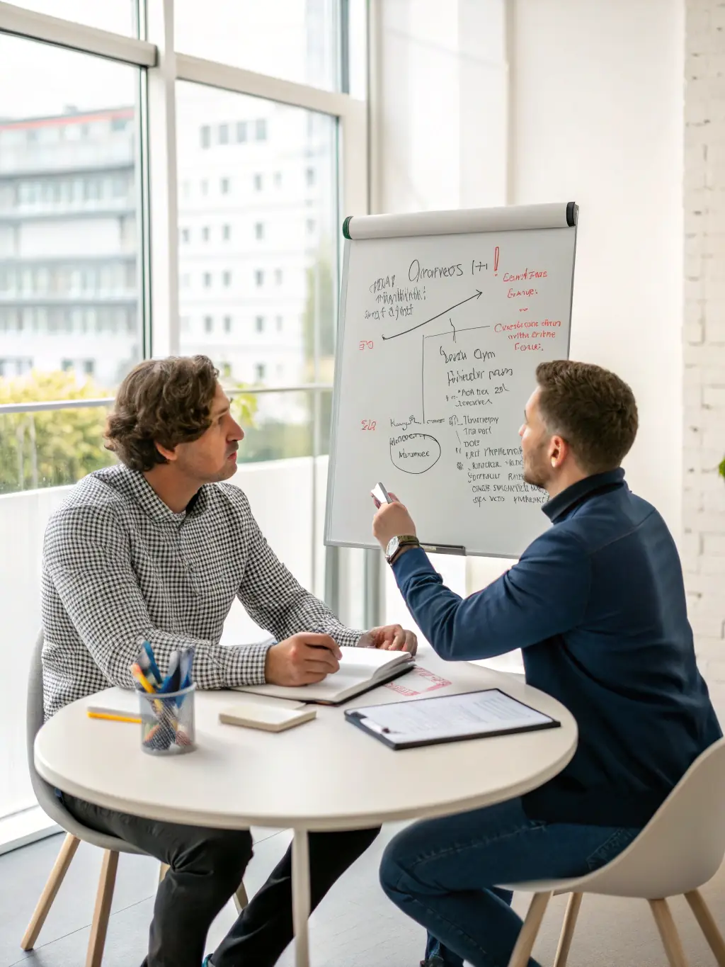 A professional business coach in a modern office setting, guiding a client through a strategic planning session, with charts and graphs visible on a screen in the background.