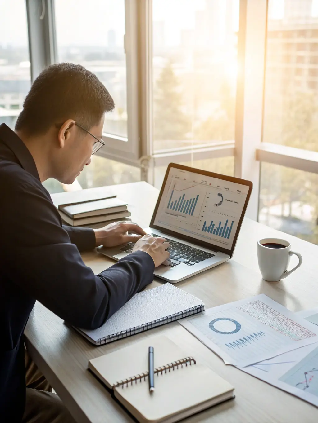 A business coach conducting a one-on-one session with a client, discussing financial projections and growth opportunities, with a focus on data-driven decision-making.